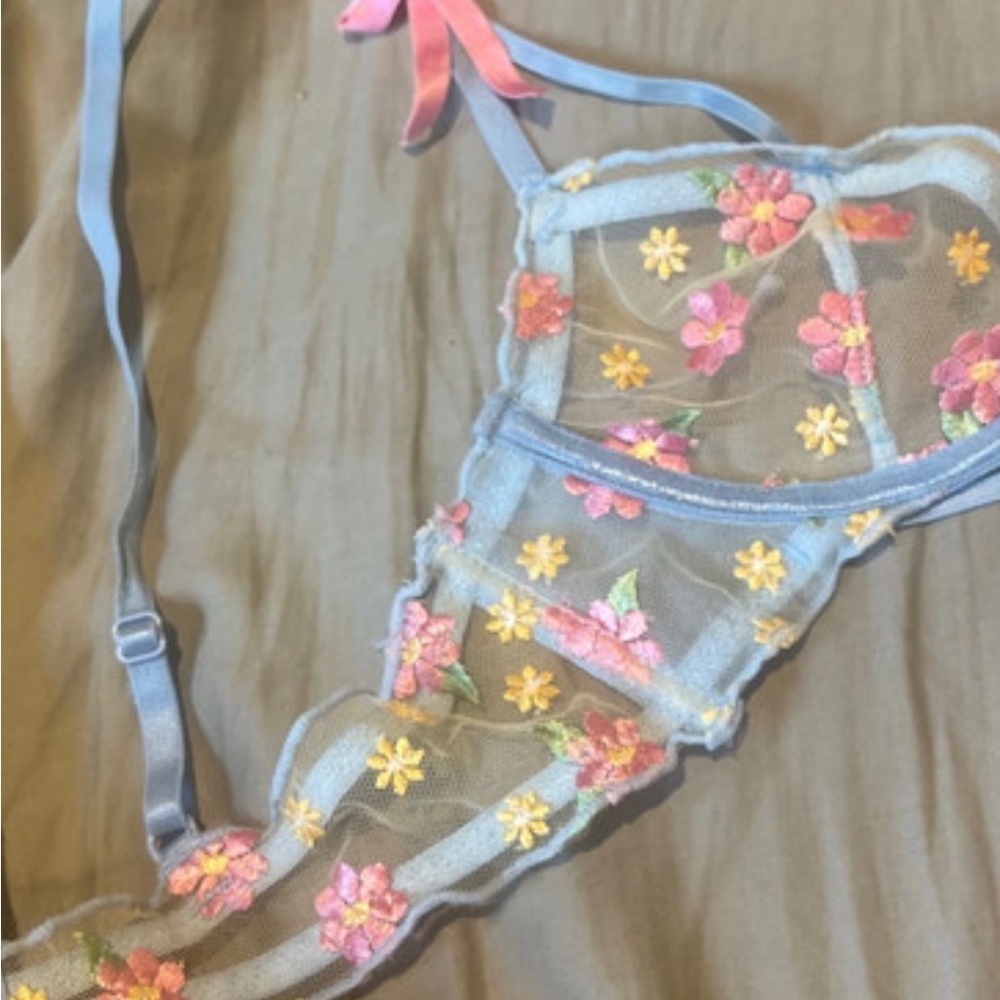 Blue and Pink Floral Mesh Bra with Elastic Trim